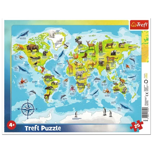 Puzzle 25elem.in rama "Harta lumii cu animale"